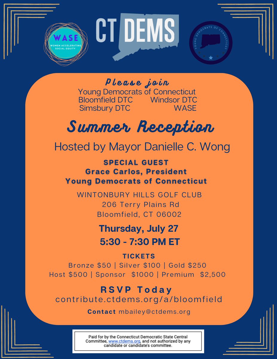 CTYD is Co-Hosting a Connecticut Democrats Fundraiser! We will be co-hosting a Summer Reception on behalf of the Connecticut Democrat Party in collaboration with Mayor Danielle Wong. 
THERE IS A $20 STUDENT/YOUNG DEM AT THE DOOR DISCOUNTED RATE! 
Tickets:contribute.ctdems.org/a/bloomfield.