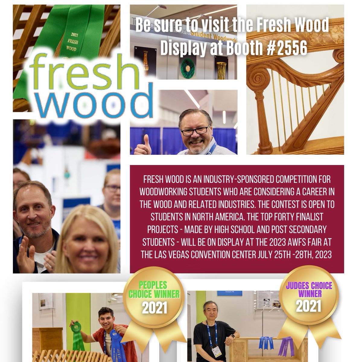AWFSFair's tweet image. Be sure to visit the Fresh Wood Display at Booth #2556, and vote for the People&apos;s Choice Award! The Fresh Wood Award Ceremony will be held on: 

Thursday, July 27th, 2023 @4pm at the AWFS®Fair Live Stage

#BuiltForThis #AWFSFair #AWFSFair2023 #Freshwood #StudentCompetition