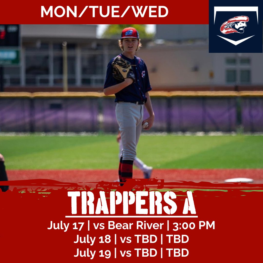 gomcbaseball's tweet photo. TOURNAMENT TIME!!! Come out and cheer on your Trappers as all three teams participate in Legion State Tournaments!! 

AA will also play against the Hyrum Hornets on Monday night in Hyrum!!

#TrapSeason https://t.co/XQZjLnwiHj