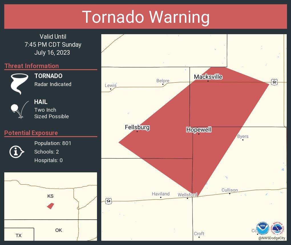 NWStornado's tweet photo. Tornado Warning including Macksville KS, Fellsburg KS and  Trousdale KS until 7:45 PM CDT https://t.co/FjuXQWGbeG