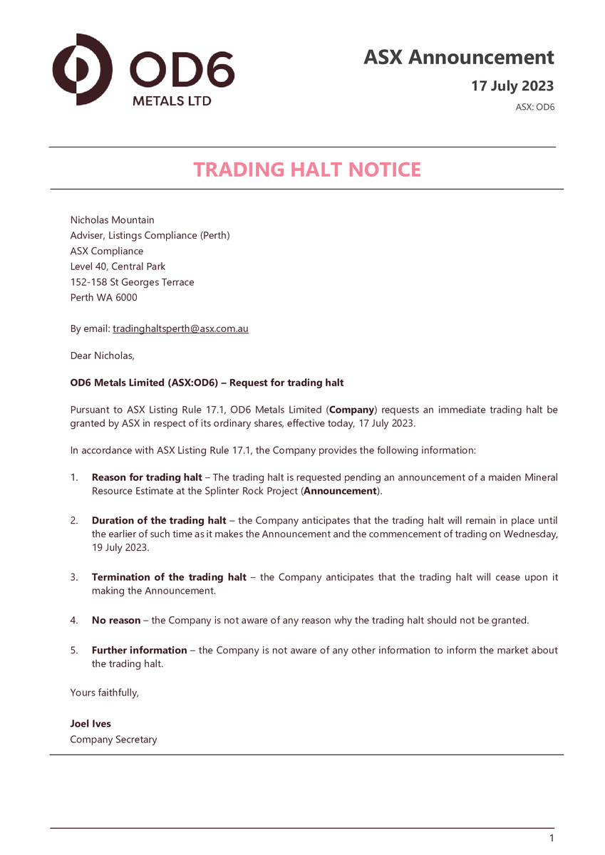 asxtradinghalts's tweet photo. $OD6 $OD6.AX Announcement details from 9:48 AM AEST: https://t.co/ZTJwbYI91f