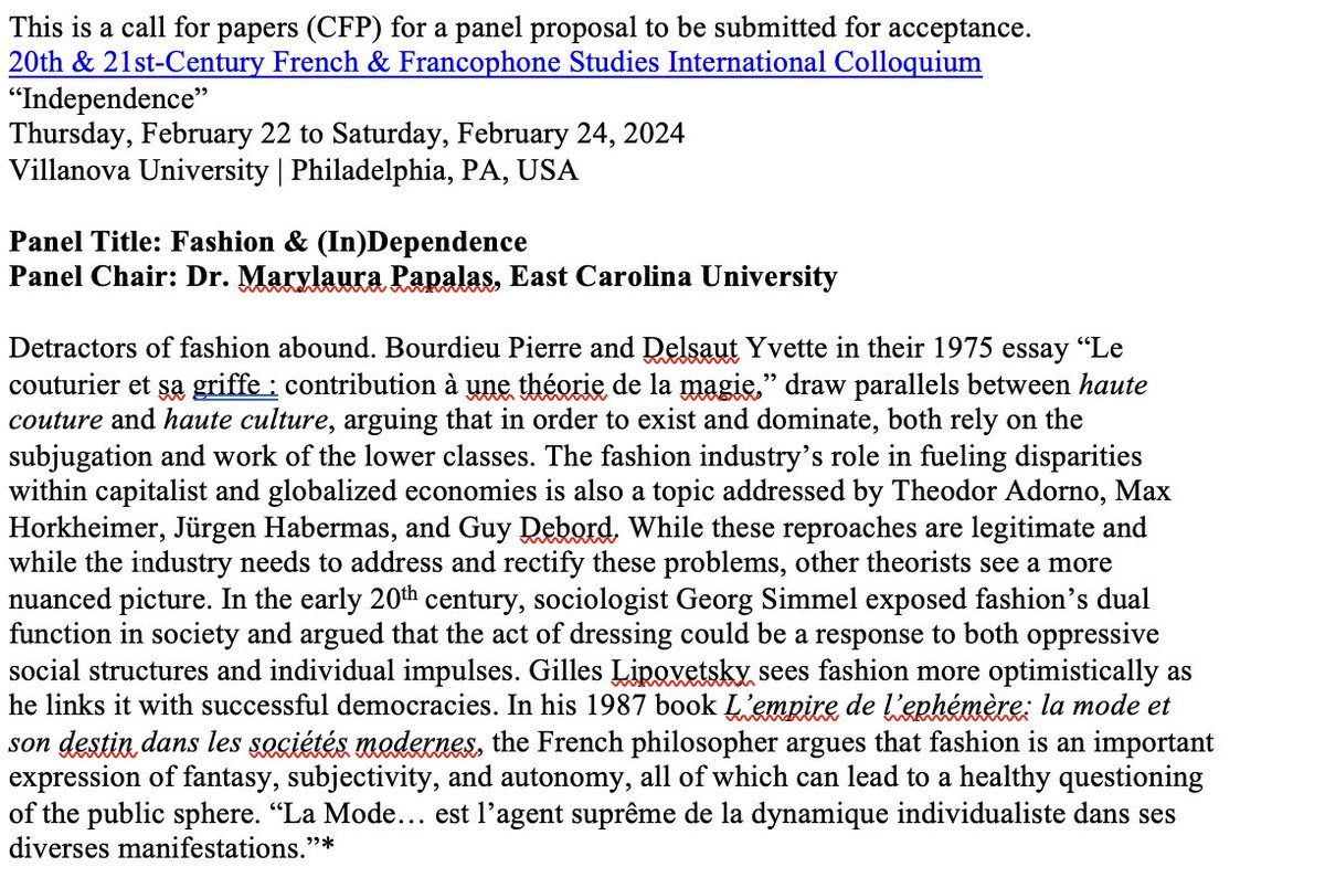 mlpProf's tweet photo. CFP for fashion panel proposal to be submitted for acceptance. #20thand21st CenturyFrench&amp;Francophone StudiesInternationalColloquium.
Feb. 22-24, 2024. Philadelphia. https://t.co/DTBGORLdx0. Contact me for more info. https://t.co/P0kNvJzIAm