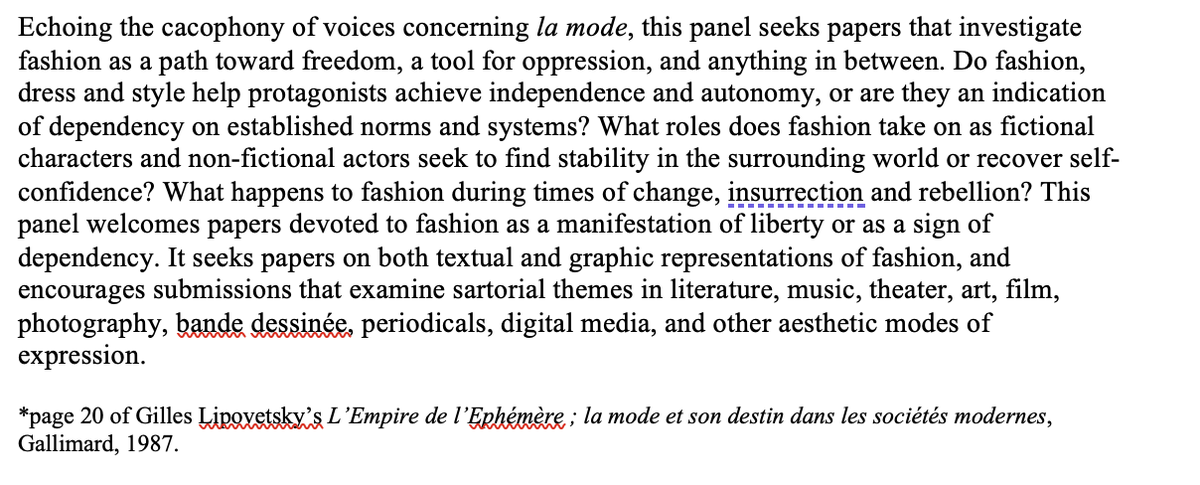 mlpProf's tweet photo. CFP for fashion panel proposal to be submitted for acceptance. #20thand21st CenturyFrench&amp;Francophone StudiesInternationalColloquium.
Feb. 22-24, 2024. Philadelphia. https://t.co/DTBGORLdx0. Contact me for more info. https://t.co/P0kNvJzIAm
