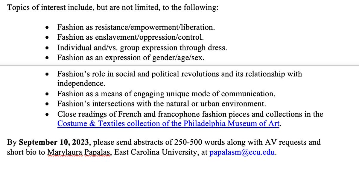mlpProf's tweet photo. CFP for fashion panel proposal to be submitted for acceptance. #20thand21st CenturyFrench&amp;Francophone StudiesInternationalColloquium.
Feb. 22-24, 2024. Philadelphia. https://t.co/DTBGORLdx0. Contact me for more info. https://t.co/P0kNvJzIAm