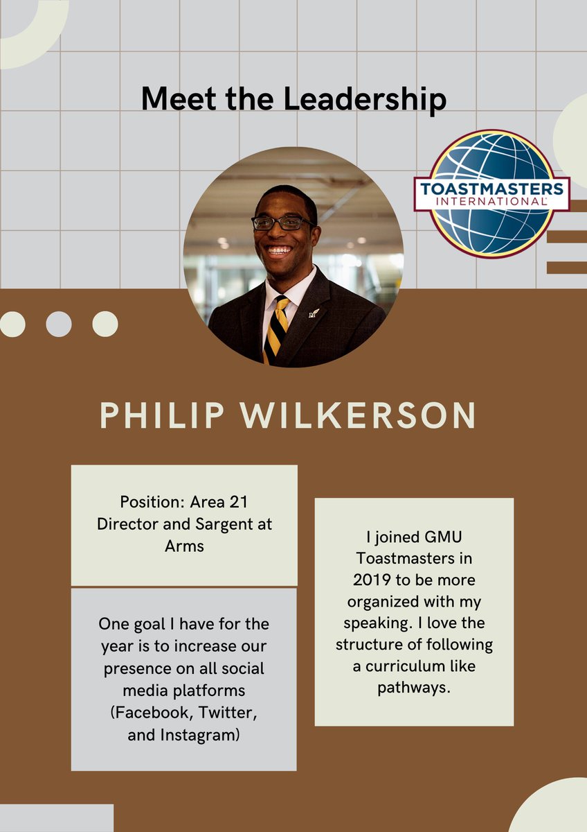 Next up <a href="/gmutoastmasters/">GMU Toastmasters</a> is our current Sargent at Arms, Philip Wilkerson. In addition to serving our club, he is also Area 21 Director! Thank you for all that you do for our club and beyond! #gmutoastmasters #toastmasters #district29toastmasters #TellYourStory