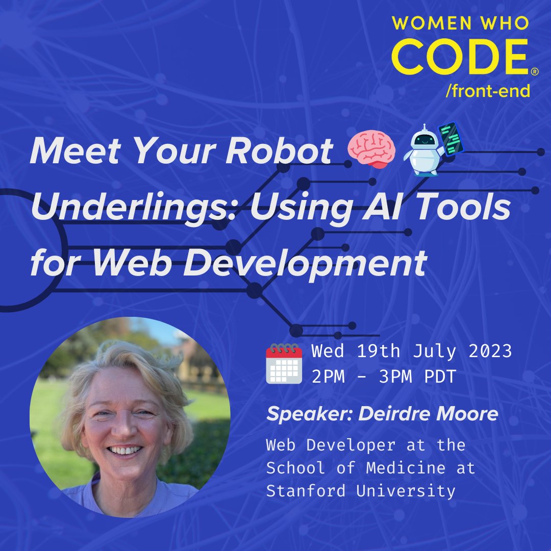 WWCodeFrontEnd's tweet image. Happy AI Appreciation Day!

This week, @deedeeemem will help us get familiar with amazing AI tools we can integrate for our web development 👩🏻‍💻

Register link:
us02web.zoom.us/webinar/regist… 

#AI #WWCodeFrontEnd #WomenWhoCode