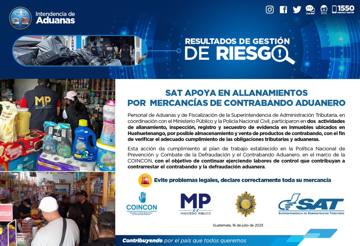 SATGT's tweet photo. ➡️ SAT apoya en allanamientos por mercancías de contrabando aduanero en Huehuetenango. #DiNoalContrabando #COINCON✋🏻 https://t.co/0eO4rqeiq4