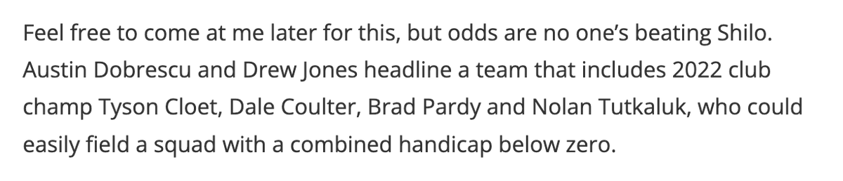 So this turned out wrong, from my Prairie Mountain Golf League preview.
Shilo loses on home turf to defending champion Carberry in a playoff.
Carberry will play Neepawa in the final, date and time TBD.