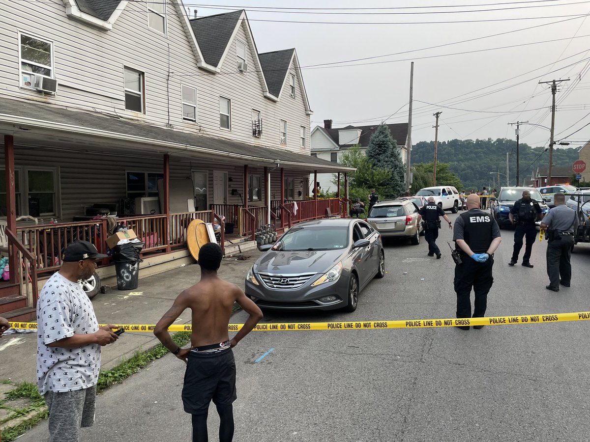 Steve_WPXI's tweet photo. An active Police  investigation in #northbraddock on Corey ave. There are multiple shell casings on the ground, and what appears to be bullet holes in one home. https://t.co/Z7OoV3pPxt