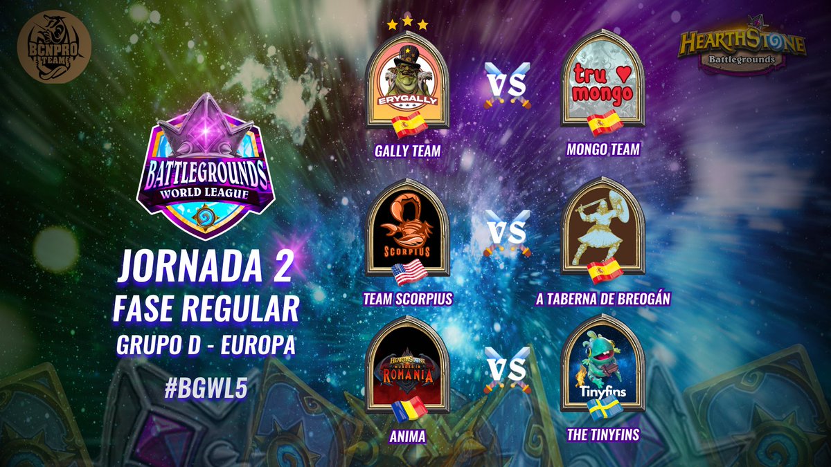 BGWorldLeague's tweet photo. 👑 Temporada 5
⚔️ Jornada 2 | Grupo D | Europa
🔥 ¿Quién se llevará la victoria?
🇪🇸 #GallyTeam vs 🇪🇸 #MongoTeam
🇺🇸#TeamScorpius vs 🇪🇸 #ATabernaDeBreogan
🇷🇴 #Anima vs 🇸🇪 #TheTinyfins
#BGWL5 https://t.co/IG4BAuZWmT