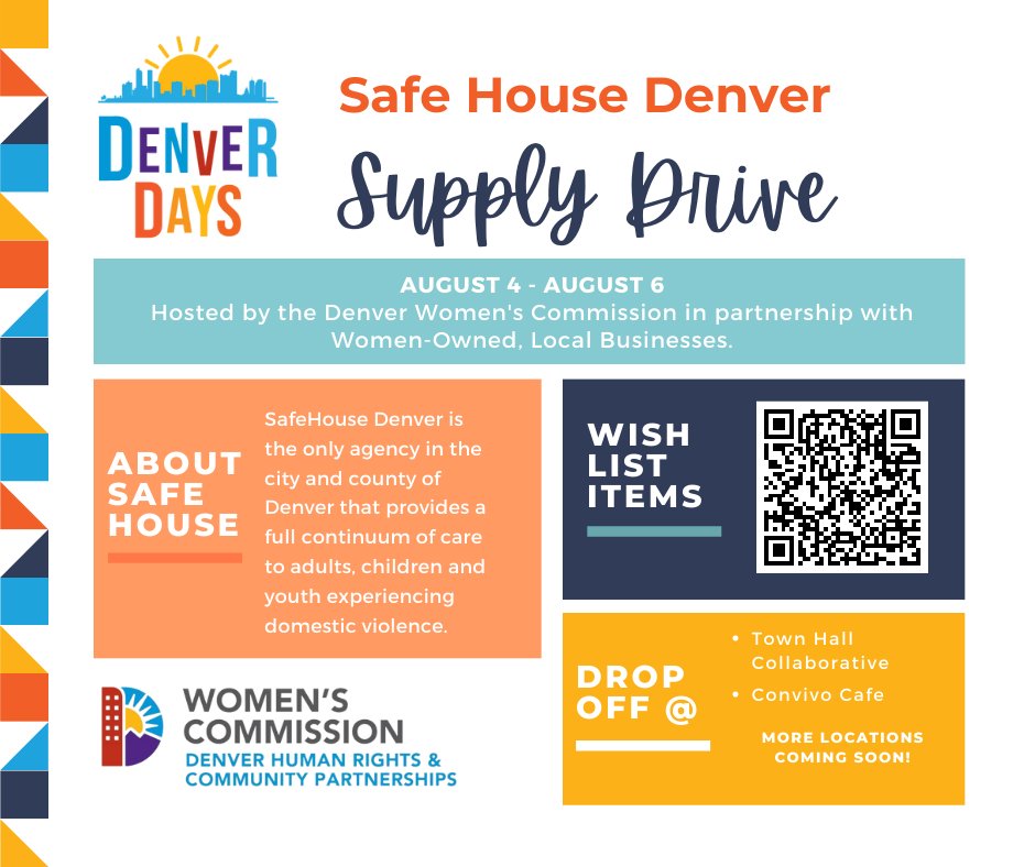 DWC360's tweet photo. Denver Women's Commission's Supply Drive in benefit of #domesticviolencesurviors at SafeHouse Denver, Inc.  Huge thanks to Convivio Café CO and Town Hall Collaborative for your support! https://t.co/zq3mheohAZ
