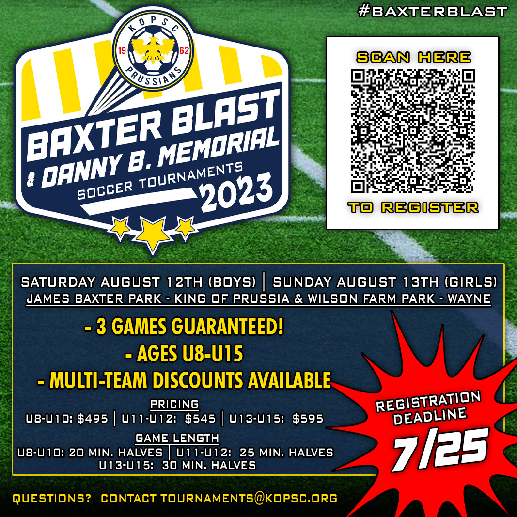 Kick off the 2023 Fall Season with @kopsoccerclub and the #BaxterBlast!  Register at tournifyapp.com/live/kopsc-bax… | #KOPSC #BaxterBlast #EPYSA #CLS #CentralLeagueSoccer #InterCountySoccerLeague #ICSL #Soccer #YouthSoccer #Tournament