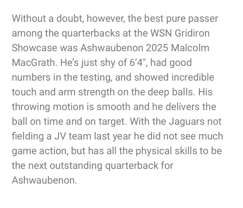 Malcolm MacGrath ’25 QB (@malcolmmacgrath) on Twitter photo Thank you <a href="/travisWSN/">Travis Wilson</a> for the write up, had a great time competing!
<a href="/PrepRedzoneWI/">Prep Redzone Wisconsin</a> <a href="/AshwaubenonFB/">Ashwaubenon Football</a> Thank you <a href="/travisWSN/">Travis Wilson</a> for the write up, had a great time competing!
<a href="/PrepRedzoneWI/">Prep Redzone Wisconsin</a> <a href="/AshwaubenonFB/">Ashwaubenon Football</a>