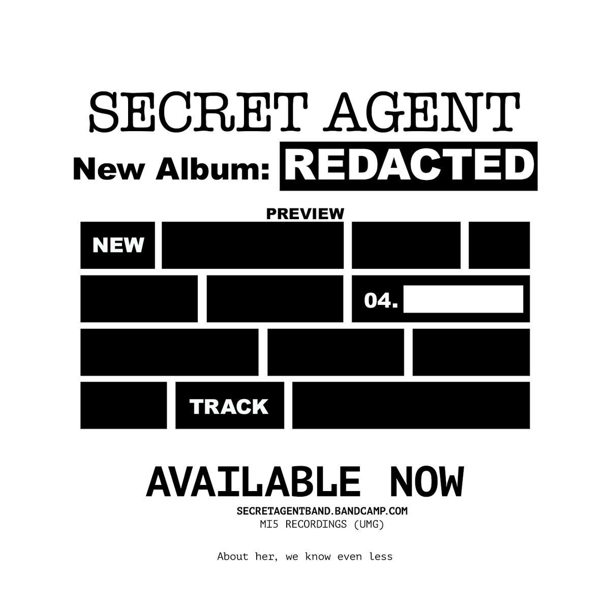 LISTEN NOW: secretagentband.bandcamp.com/track/04  About her, we know even less. #NewMusic #NewMusicAlert #Soundtrack #SpyMovie #spy  #redacted #espionage #filmscore #Mashup #RockMusic #JamesBond #ThePrisoner #CIA #Lounge #FBI #NowPlaying #SecretAgent @Mi5Recordings #SomaFM @RadioNothing