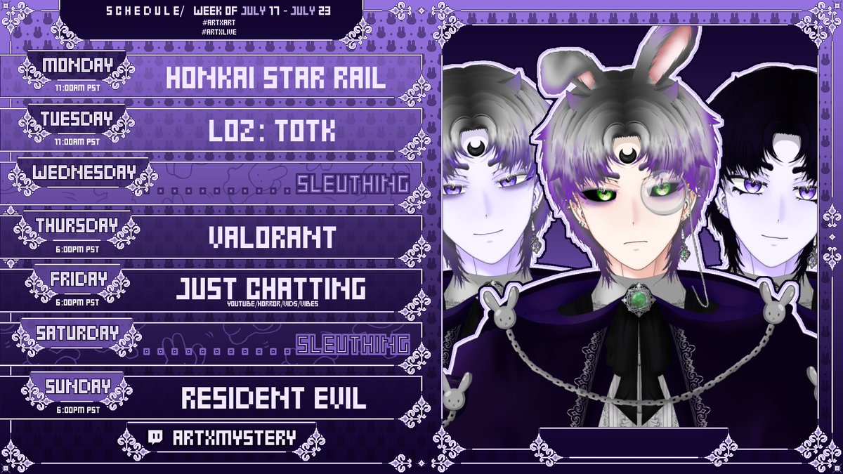 artxmystery's tweet photo. [🔎Weekly Schedule🌙]
July 17 - July 23🐇

general: #artXmystery
art: #artXart
live: #artXlive
clips: #artXclips
memes: #artXmeme

#Vtuber #ENVtuber #VtuberID #VtuberUprsing
https://t.co/oNVgTx5nC8 https://t.co/PPEUAleNTK