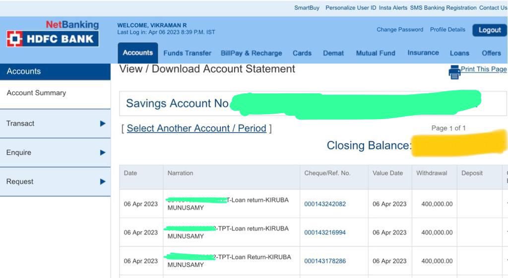 RVikraman's tweet photo. Proof that I paid back the sum of Rs.12,00,000 the day after I received my big boss payment as I already promised her. https://t.co/kCzHPbb3tk