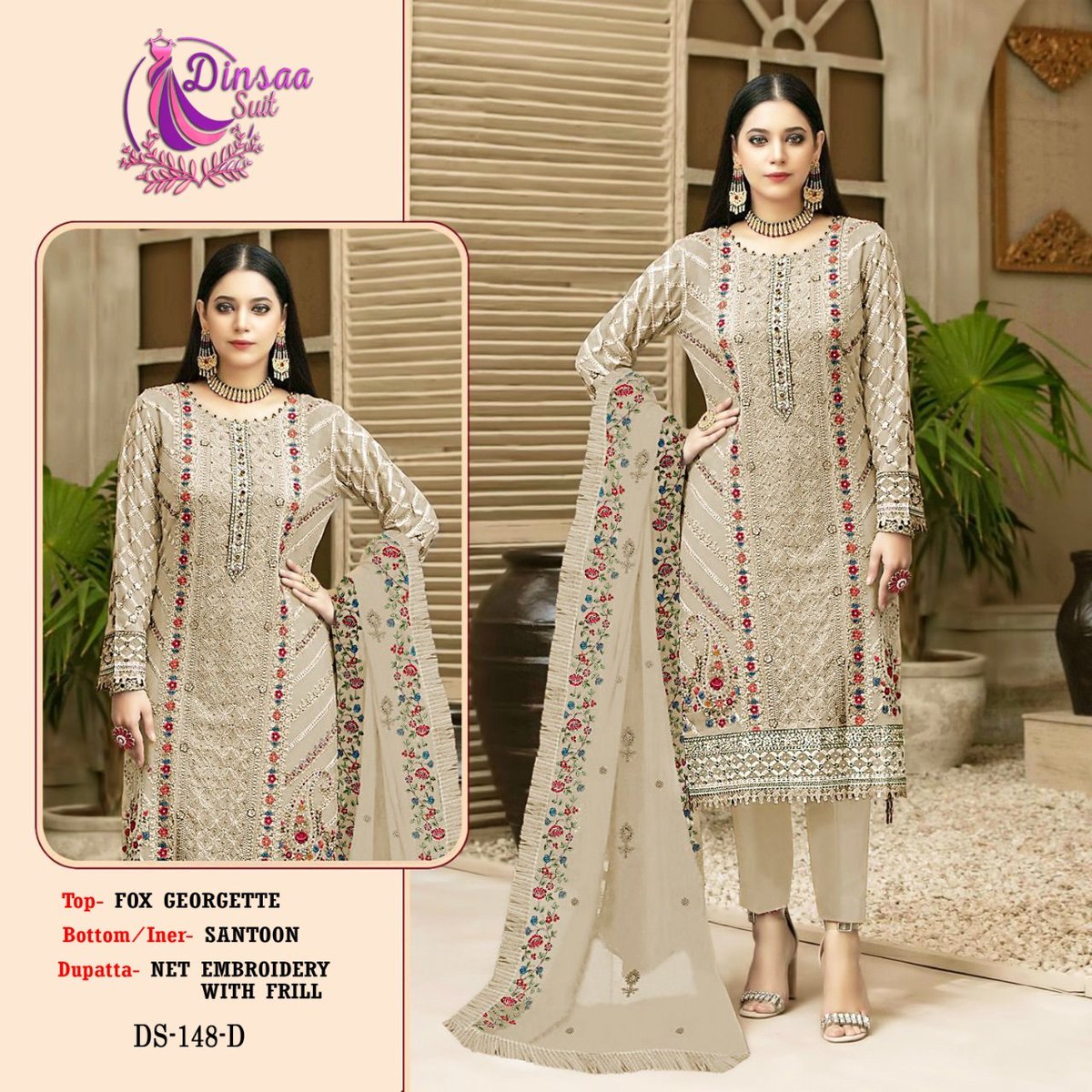 Dinsaa Suit present D.No.148 suits. Series: 148-A to 148-D Dinsaa Suit A Trendy Fashion at Affordable Price Maan Fashion – Exporter, Wholesaler and Supplier of exclusive range of Designer Salwar Suit, Fancy Anarkali Suit, Designer Suits, Salwar