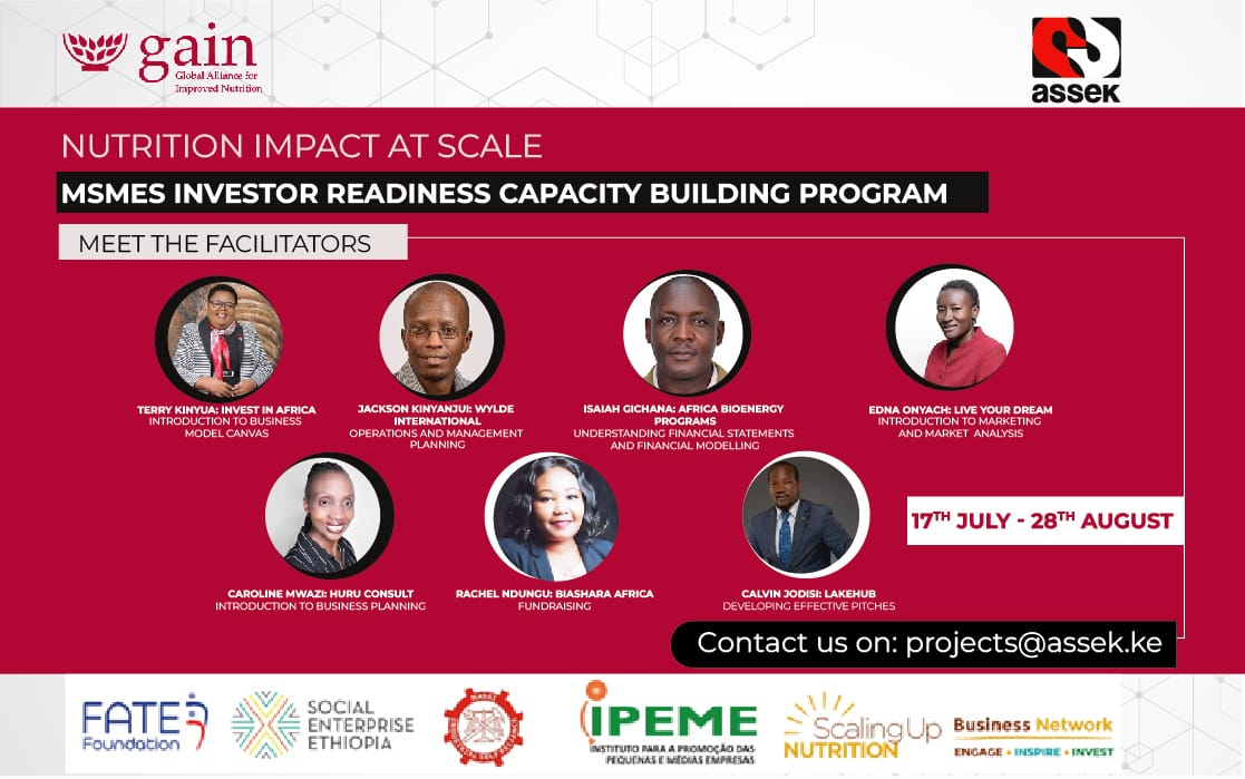 <a href="/GAINAlliance_KE/">GAIN Kenya</a> in partnership with <a href="/ASSEKnews/">Association of Startup & SMEs Enablers of Kenya</a>
will be commencing the MSMEs Investor Readiness Capacity Building Program today!  

Our facilitators bring a wealth of expertise and experience to the program that will equip the #entrepreneurs with essential skills. 

#Nutrition