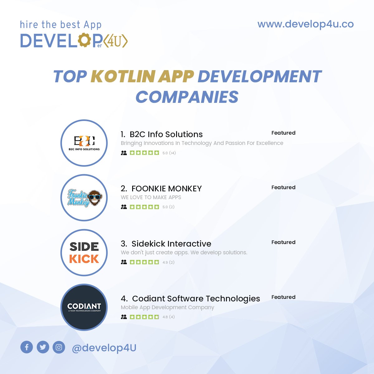 Develop4u_co's tweet image. Introducing the top Kotlin app development companies! 🚀We've curated a list of the best companies that specialize in Kotlin app development. 💡
1️⃣ @B2Cinfosolution
2️⃣@Foonkiemonkey_
3️⃣ @Sidekickinteractive
4️⃣ @CODIANTSoftware
#KotlinAppDevelopment #TopKotlinCompanies