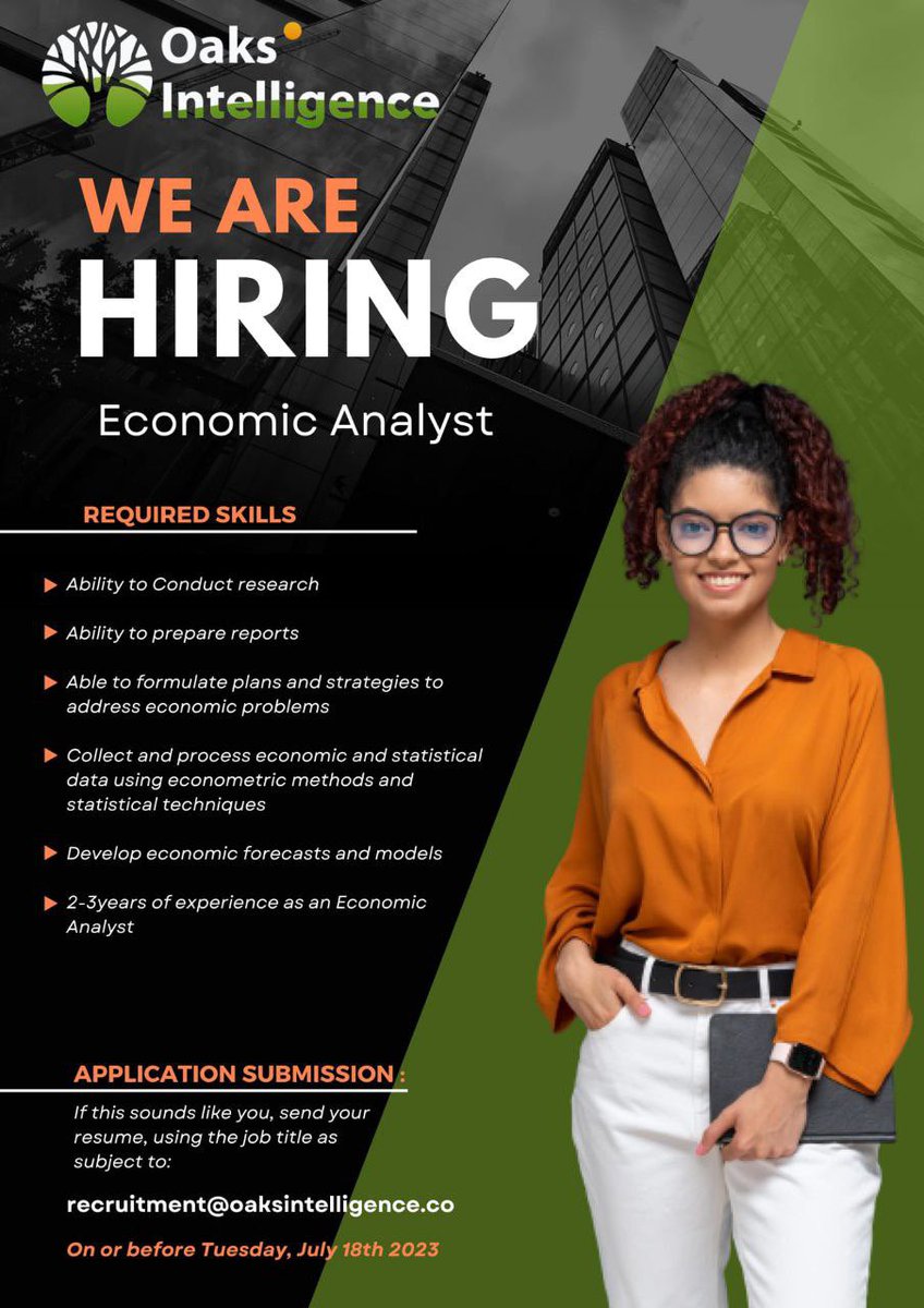 Don't miss this opportunity

Oaks Intelligence is urgently hiring Economic Analyst 

Kindly use the job role as the email subject and also indicate 'Reference from Success Okojie' in the body of our email.

#hiringimmediately ##urgenthiring #socialmediamanager   #socialmedia