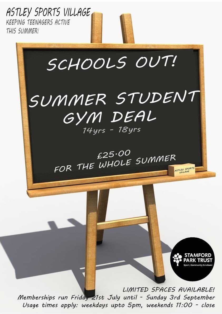fcmfnre_network's tweet photo. ASV ‘Schools Out’ Summer Student Gym Deal Now Available 💪 open to  all 14-18yrs! #activestudents #physicalactivity #summerholidays 

@RSHS_HighSchool @LHS_HighSchool @ashtonsixthform @allsaintsccduk @AudenshawSchool @HydeHighSchool @copleyacademy 

@SPT_Community https://t.co/dFYkNb691H