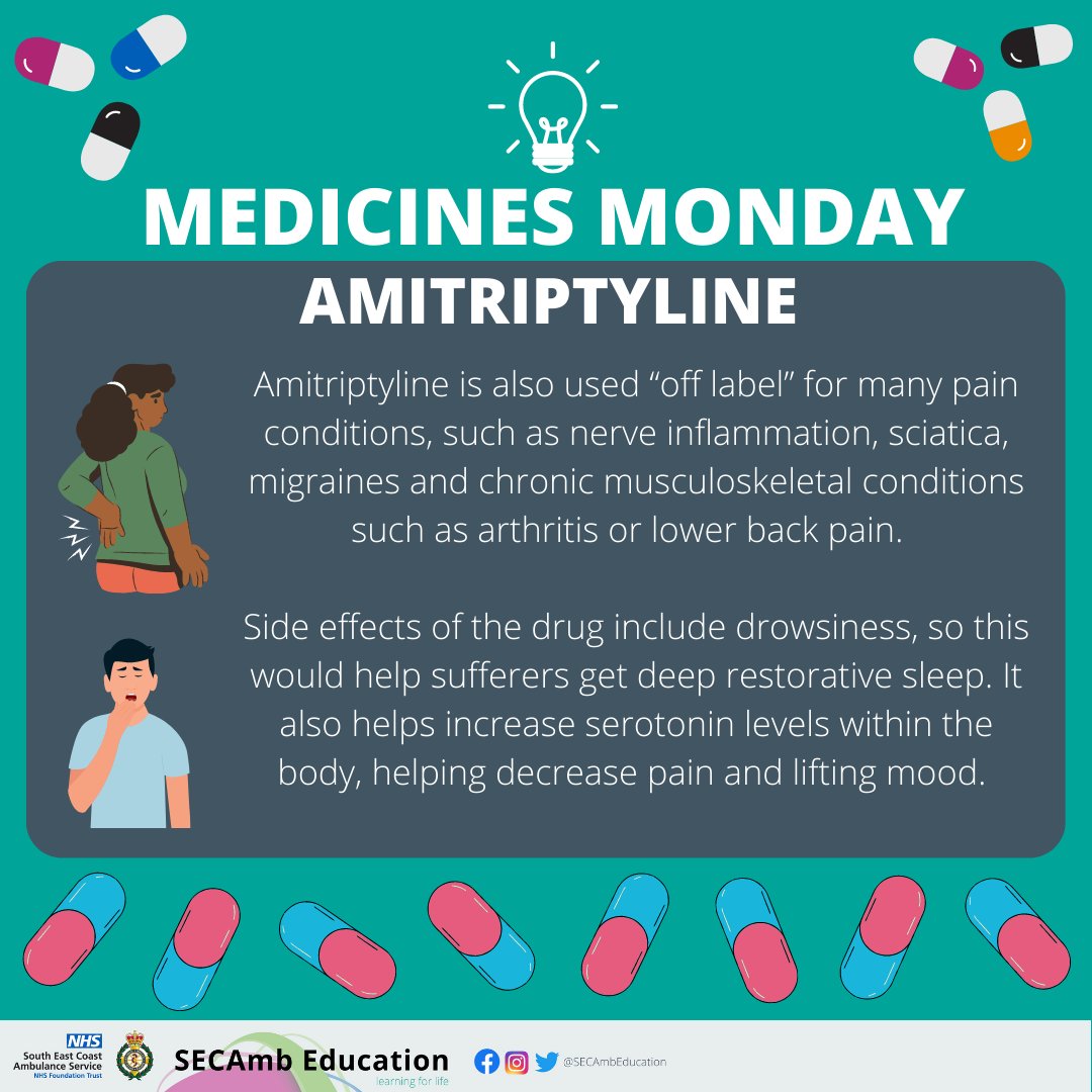 SECAmbEducation's tweet photo. MEDICINES MONDAY 💊
Every week we will share a common patient medication, to help with your deductive reasoning when establishing a patient’s medical and drug history 🤔
This weeks medicine refresher is : Amitriptyline https://t.co/XgkBhzSTWJ