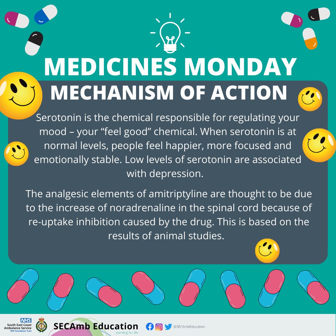 SECAmbEducation's tweet photo. MEDICINES MONDAY 💊
Every week we will share a common patient medication, to help with your deductive reasoning when establishing a patient’s medical and drug history 🤔
This weeks medicine refresher is : Amitriptyline https://t.co/XgkBhzSTWJ