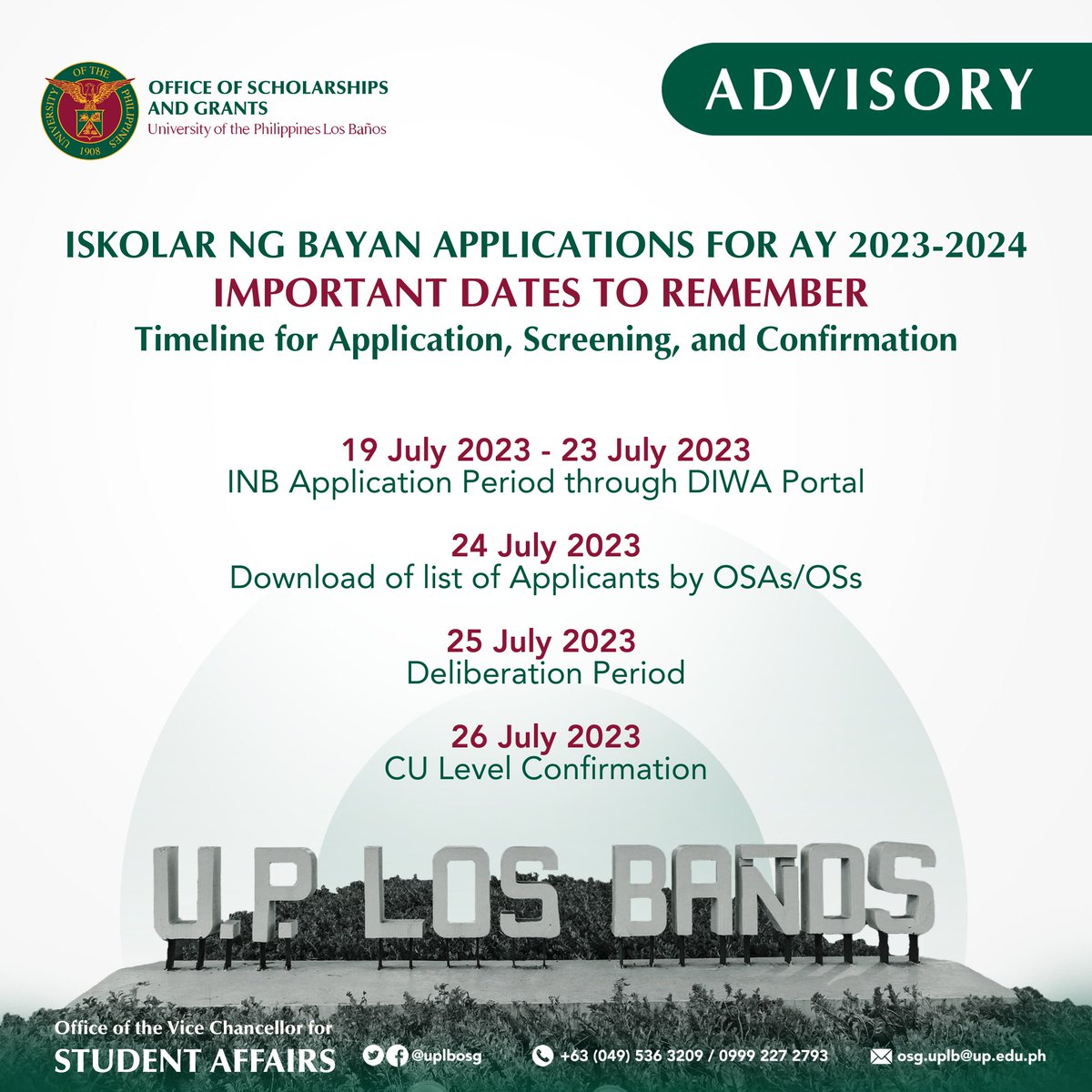 uplbosg's tweet photo. 𝐈𝐒𝐊𝐎𝐋𝐀𝐑 𝐍𝐆 𝐁𝐀𝐘𝐀𝐍 𝐀𝐏𝐏𝐋𝐈𝐂𝐀𝐓𝐈𝐎𝐍𝐒 𝐅𝐎𝐑 𝐀𝐘 𝟐𝟎𝟐𝟑-𝟐𝟎𝟐𝟒
Important Dates to Remember - Timeline for Application, Screening, and Confirmation

More details: https://t.co/Q3oZj2t46r

#OSG #IskolarNgBayan #INB2023 https://t.co/LY6qs0GHc6