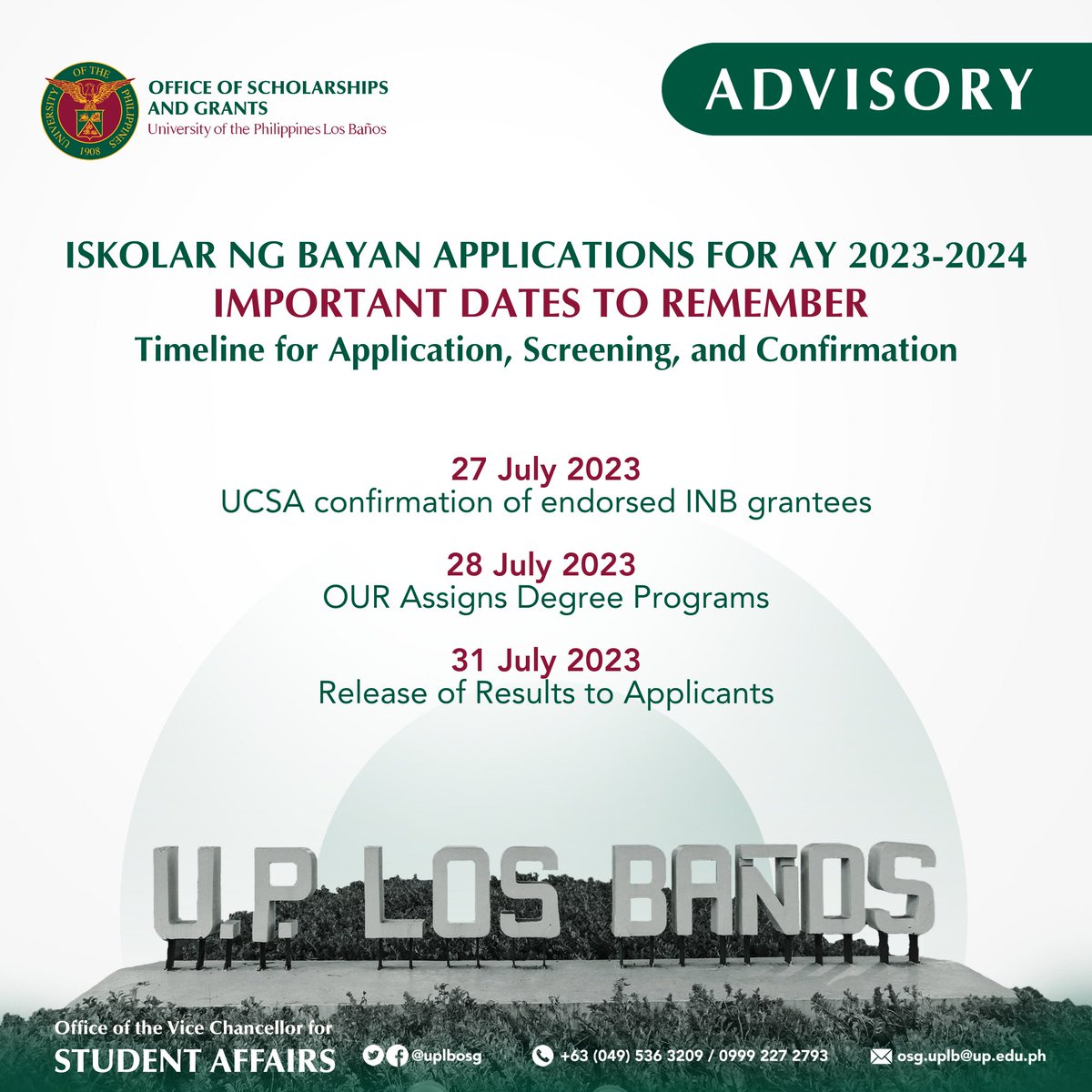 uplbosg's tweet photo. 𝐈𝐒𝐊𝐎𝐋𝐀𝐑 𝐍𝐆 𝐁𝐀𝐘𝐀𝐍 𝐀𝐏𝐏𝐋𝐈𝐂𝐀𝐓𝐈𝐎𝐍𝐒 𝐅𝐎𝐑 𝐀𝐘 𝟐𝟎𝟐𝟑-𝟐𝟎𝟐𝟒
Important Dates to Remember - Timeline for Application, Screening, and Confirmation

More details: https://t.co/Q3oZj2t46r

#OSG #IskolarNgBayan #INB2023 https://t.co/LY6qs0GHc6
