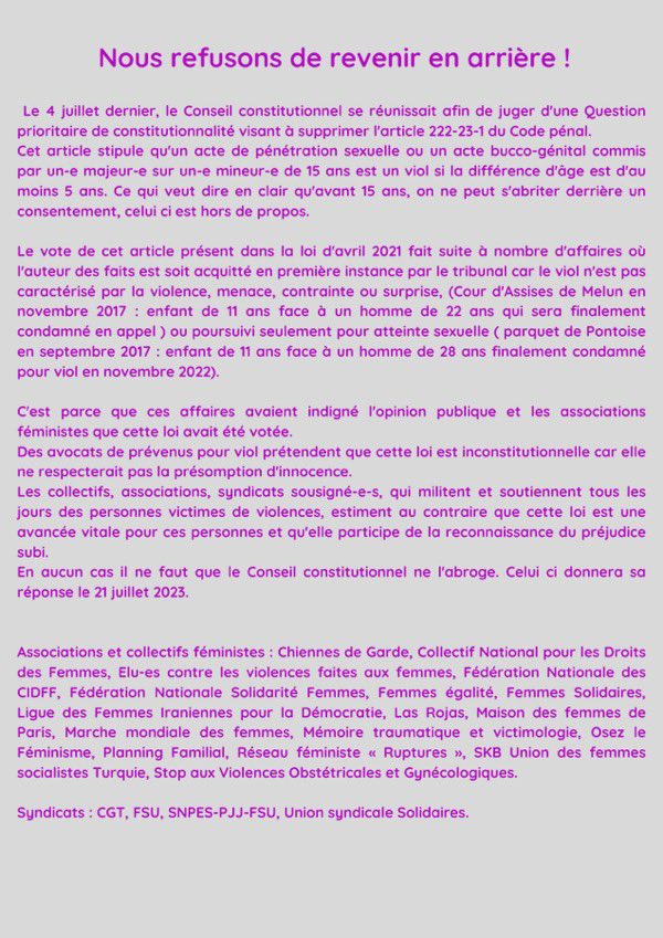 SnicsFsuReims's tweet photo. Le @Conseil_constit ne doit pas abroger la loi du 21 avril 2021 sur le #seuildâge du nonconsentement.
Un enfant ne peut pas être #consentant à un acte sexuel.
C'est un #viol. Et ça doit le rester !
Nous refusons de revenir en arrière !
@FsuNationale @SNICS_FSU @SNES_Reims https://t.co/eB8AaBfrPs