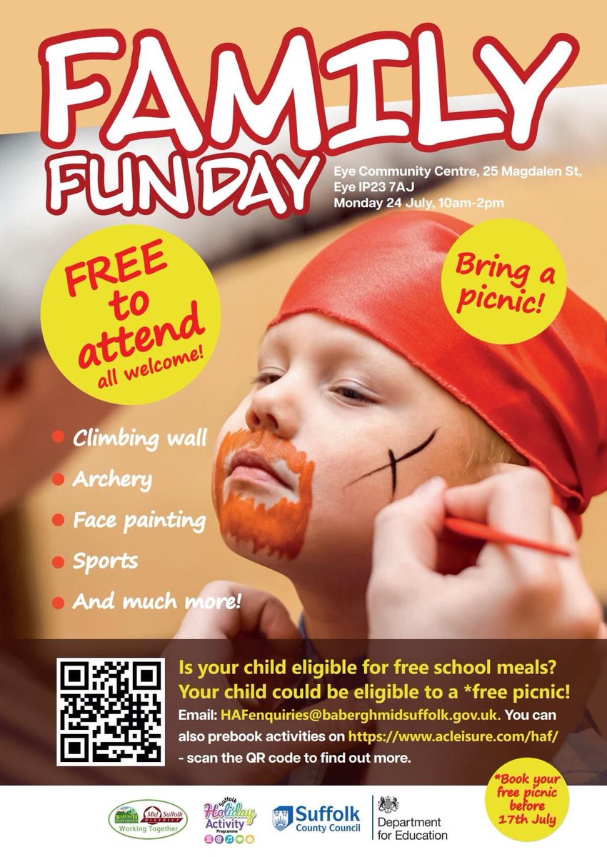 Check out <a href="/BaberghSuffolk/">Babergh District Council</a> and <a href="/MidSuffolk/">Mid Suffolk District Council</a> FREE family fun days in July!

To pre book an activity slot and skip the queues visit acleisure.com/HAF 

📍Eye 24th
📍Stowmarket 25th
📍Shotley 27th
📍Hadleigh 28th
📍Sudbury 31st
