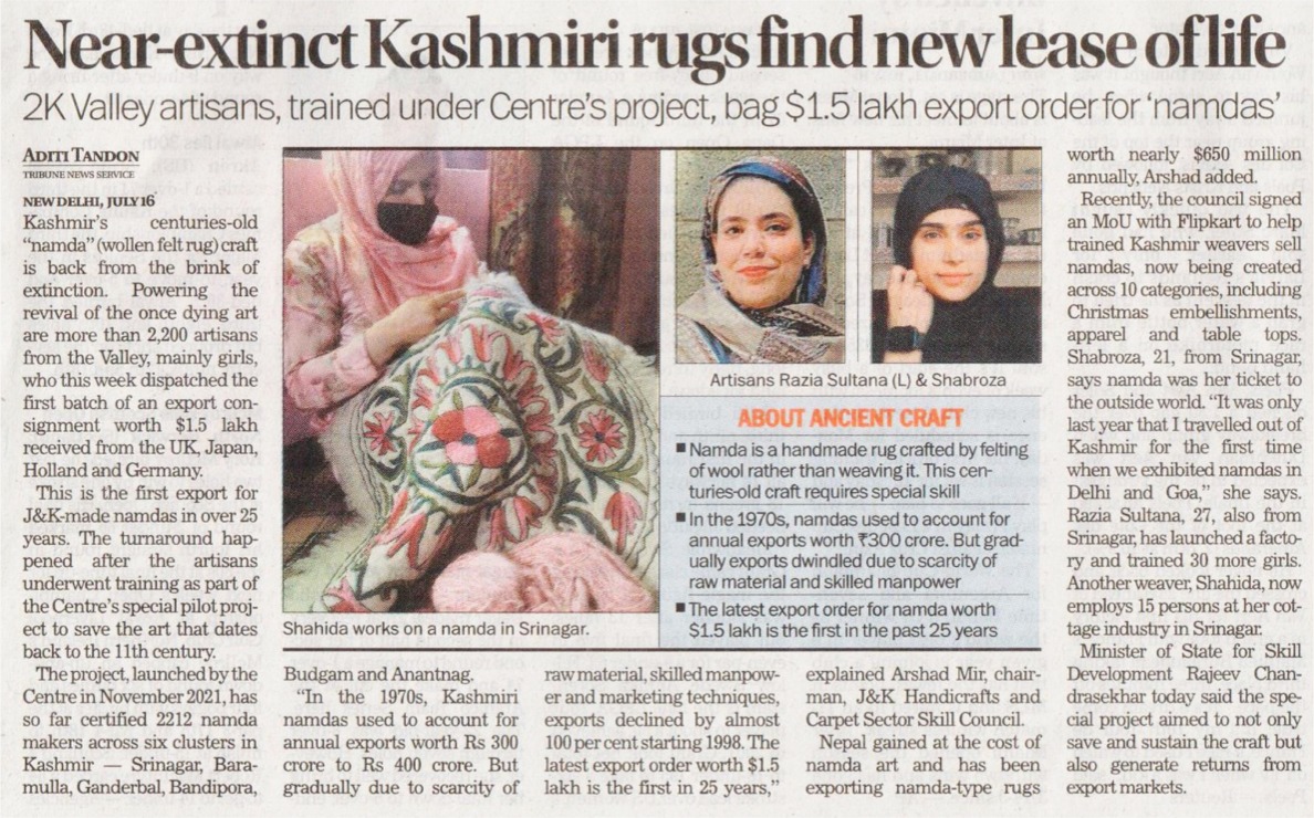 Delighted that Kashmir's centuries-old 'Namda' craft is reviving and now reaching global shores after years! This is a testament to our artisans' skills and resilience. This revival is great news for our rich heritage. tribuneindia.com/news/nation/ne…