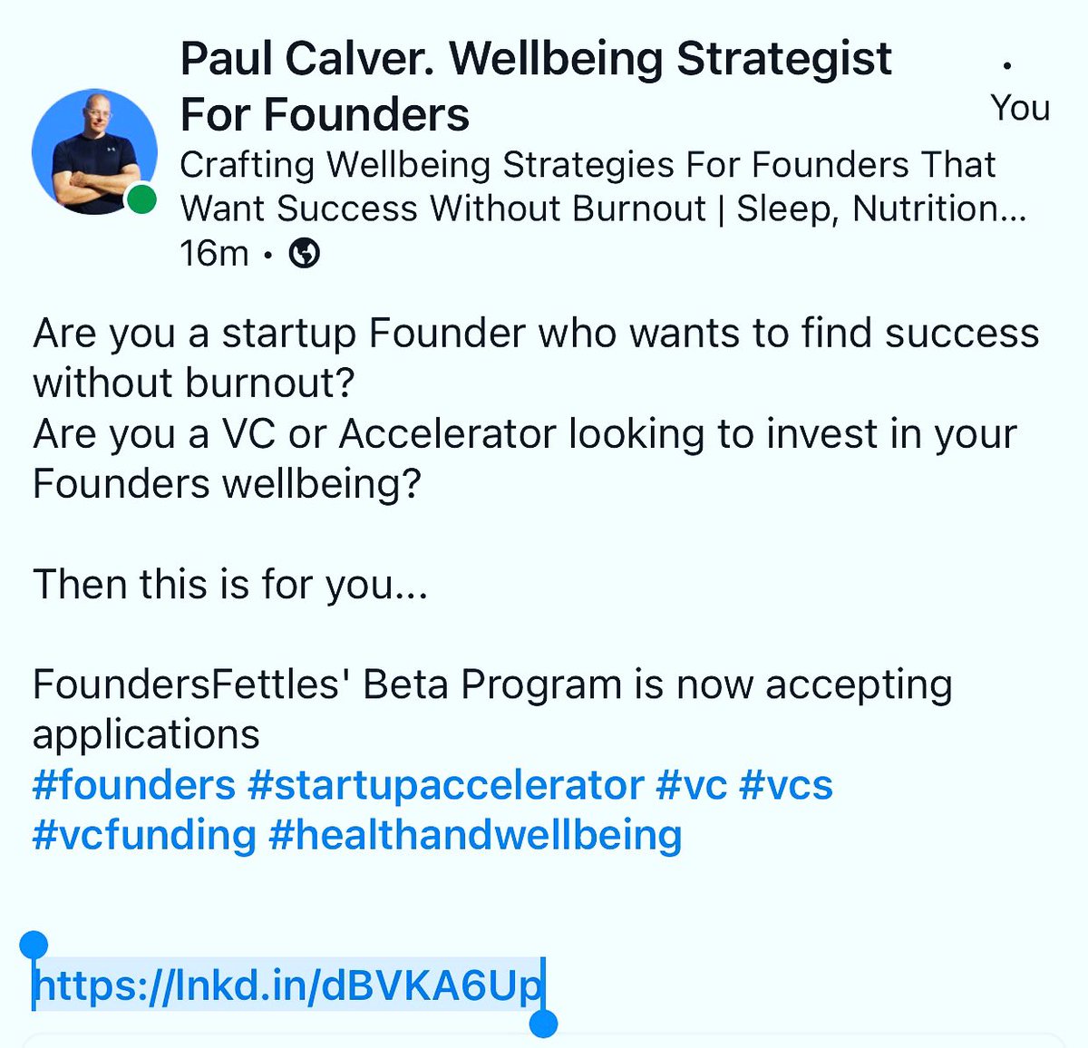 YOU: a startup Founder who wants to find success without burnout?
OR: a VC or Accelerator looking to invest in your Founders wellbeing?

Then this is for U...

#vc #founders #startup #startupaccelerator #founderswellbeing #foundersfettle #healthandwellness #successwithoutburnout