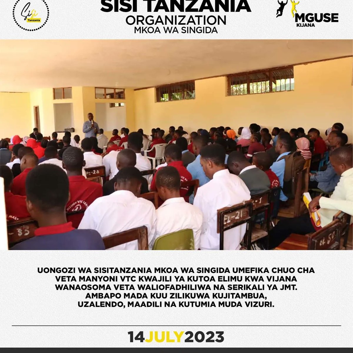 Uongozi wa SisiTanzania Mkoa wa Singida umefika Chuo cha VETA Manyoni kwaajili ya kutoa elimu Kwa Vijana ambapo mada kuu zilikuwa Kujitambua, Uzalendo, Maadili na Kutumia muda vizuri.

#KijanaOngeaNaMwenzio 
#SisiTanzania