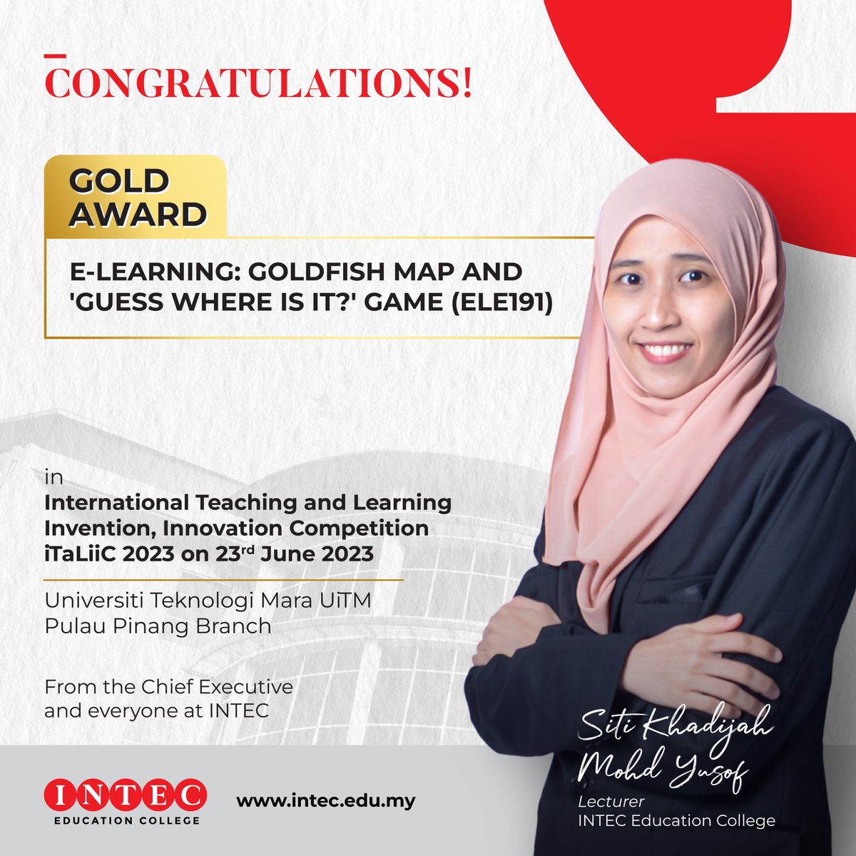 intecuitmsub's tweet photo. INTEC lecturers strike gold!

The Chief Executive and everyone at INTEC Education College congratulate you on this outstanding achievement. You've done us proud.

#inteceducationcollege  #beINTECians #shahalam #selangor #preu #diploma #professionalaccountancy #highereducation https://t.co/IMDhqDd8bG