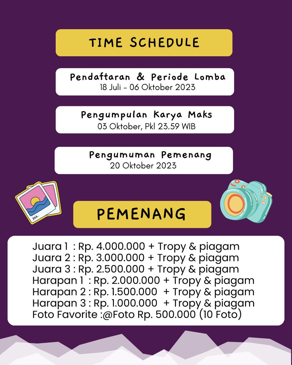 jelajahbantulid's tweet photo. Halo Sobat Jelajah Bantul π
"BIARKAN FOTO BERBICARA"
Yuk sambil jalan-jalan ke Desa Wisata di Kabupaten Bantul, sekalian hunting foto terbaik kalian dan menangkan hadiahnya π₯³π₯°π.
#bantul
#lombafoto
#lombafotografi
#desawisata
#bantulevents
#jogjaevent
#wisatabantul https://t.co/N4NTzOv6FM