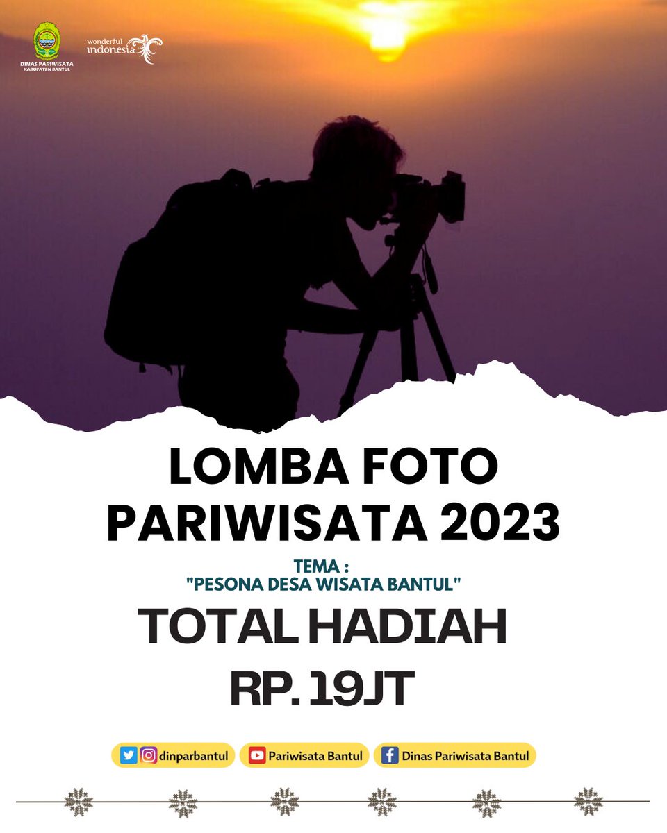 jelajahbantulid's tweet photo. Halo Sobat Jelajah Bantul π
"BIARKAN FOTO BERBICARA"
Yuk sambil jalan-jalan ke Desa Wisata di Kabupaten Bantul, sekalian hunting foto terbaik kalian dan menangkan hadiahnya π₯³π₯°π.
#bantul
#lombafoto
#lombafotografi
#desawisata
#bantulevents
#jogjaevent
#wisatabantul https://t.co/N4NTzOv6FM