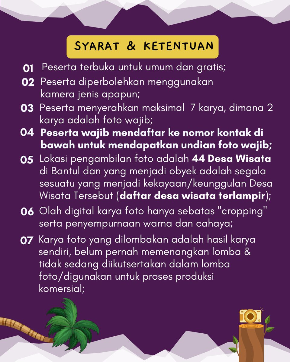 jelajahbantulid's tweet photo. Halo Sobat Jelajah Bantul π
"BIARKAN FOTO BERBICARA"
Yuk sambil jalan-jalan ke Desa Wisata di Kabupaten Bantul, sekalian hunting foto terbaik kalian dan menangkan hadiahnya π₯³π₯°π.
#bantul
#lombafoto
#lombafotografi
#desawisata
#bantulevents
#jogjaevent
#wisatabantul https://t.co/N4NTzOv6FM