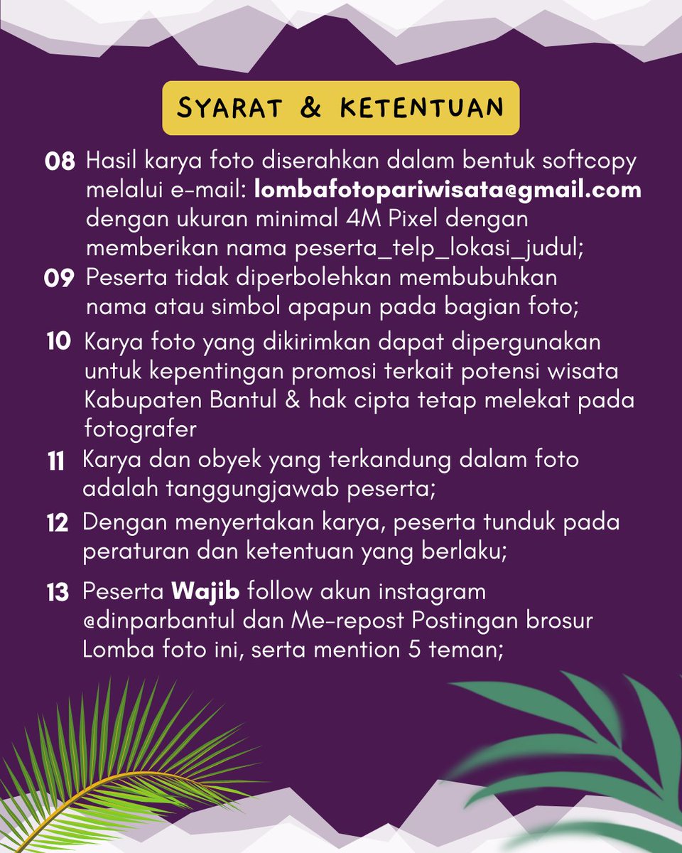 Halo Sobat Jelajah Bantul 🙌
"BIARKAN FOTO BERBICARA" 

Yuk sambil jalan-jalan ke Desa Wisata di Kabupaten Bantul, sekalian hunting foto terbaik kalian dan menangkan hadiahnya 🥳🥰😍. 

#bantul
#lombafoto 
#lombafotografi 
#desawisata 
#bantulevents 
#jogjaevent 
#wisatabantul