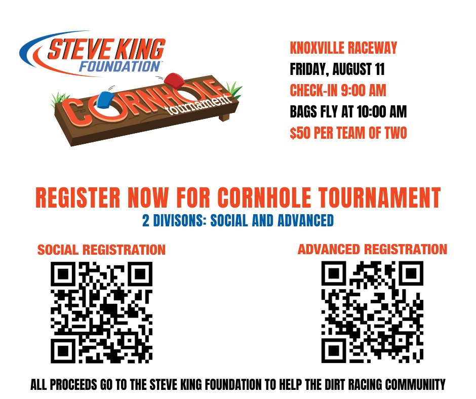 SteveKingFdn's tweet photo. We're back at @knoxvilleraces for our cornhole tourney. REGISTER NOW! 2 divisions: Social and Advanced. Prizes for top 3 teams in both divisions. Proceeds help dirt racing families. #cornhole
@knoxvilleracing
@KnoxvilleNats
@SoCoBaggers
@WorldofOutlaws
@ASCSRacing
@ASCoC https://t.co/ElkmaflZcS