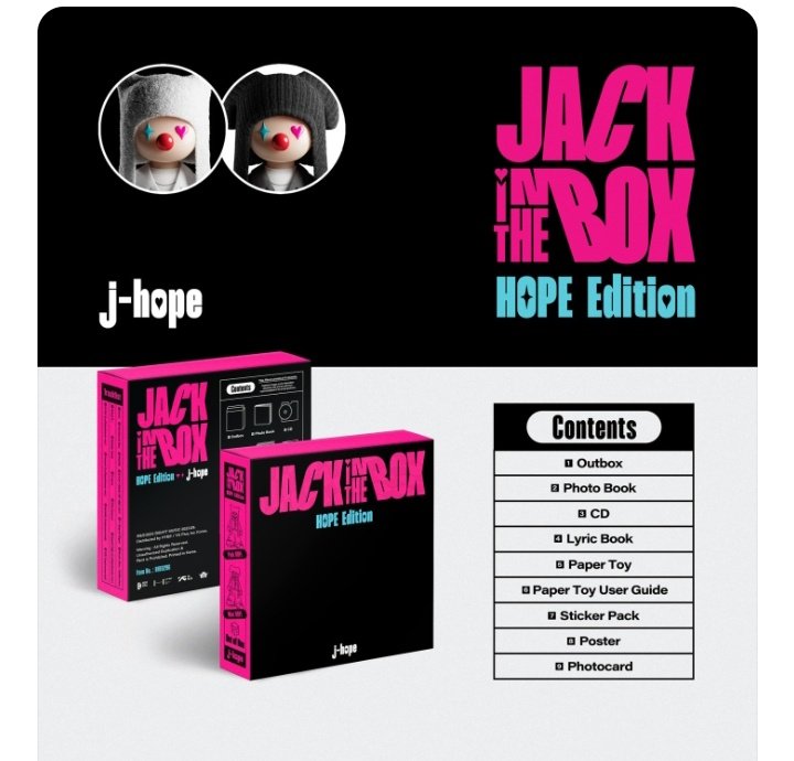 YourHobi_PH's tweet photo. <j-hope’s Solo Album “Jack In The Box (HOPE Edition)” Album contents

1 version
- Outbox (
- Photobook
- CD-R (1 random out of 2 types)
- Lyric Book
- Paper Toy (1 random out of 2 types)
- Paper Toy User Guide (1 out of 2 types, same version as the Paper Toy) https://t.co/ONnA3OErJ9