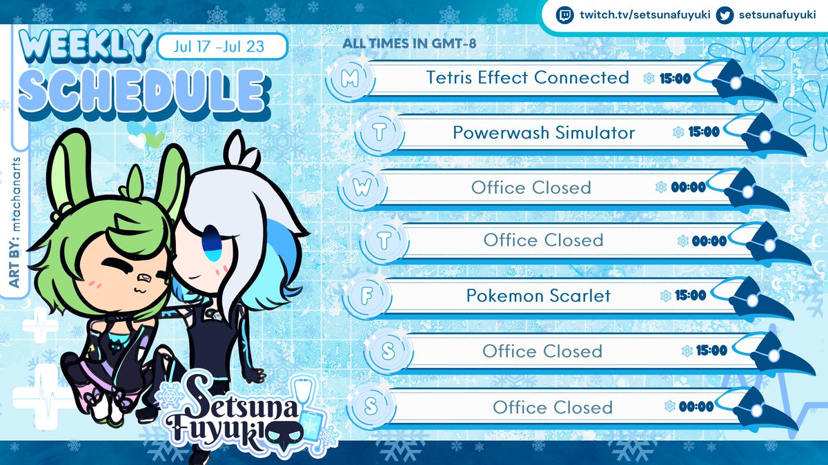 SetsunaFuyuki's tweet photo. ❄️07/17 - 07/23 SCHEDULE🩺
Stream🔗 in the bio
#fuyuseum: @matchanarts
Switching up streams this week
- Tetris Effect Connected playthrough!
- Powerwash Simulator vibes!
- Back to shiny hunting in Pokemon Scarlet!
See you at the office!
#sanbanlivestream https://t.co/1qnhVdlOp1