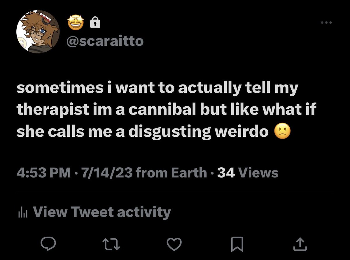 i cannot believe i have to say this BUT IM NOT A CANNIBAL.  what i meant in this tweet was “sometimes i want to actually tell my therapist i have cannibalistic thoughts but what if she calls me a weirdo” i worded it like that cause i obviously didn’t not