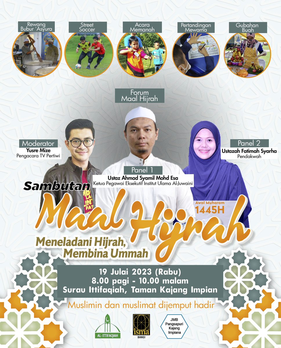isma_bangi's tweet photo. Surau Al-Ittifaqiah akan menganjurkan Sambutan Maal Hijrah 1445H dengan kerjasama Ikatan Muslimin Malaysia (ISMA) Cawangan Bangi.

Pelbagai acara yang bakal diadakan dan boleh anda sertai https://t.co/iLK9YYHH5h