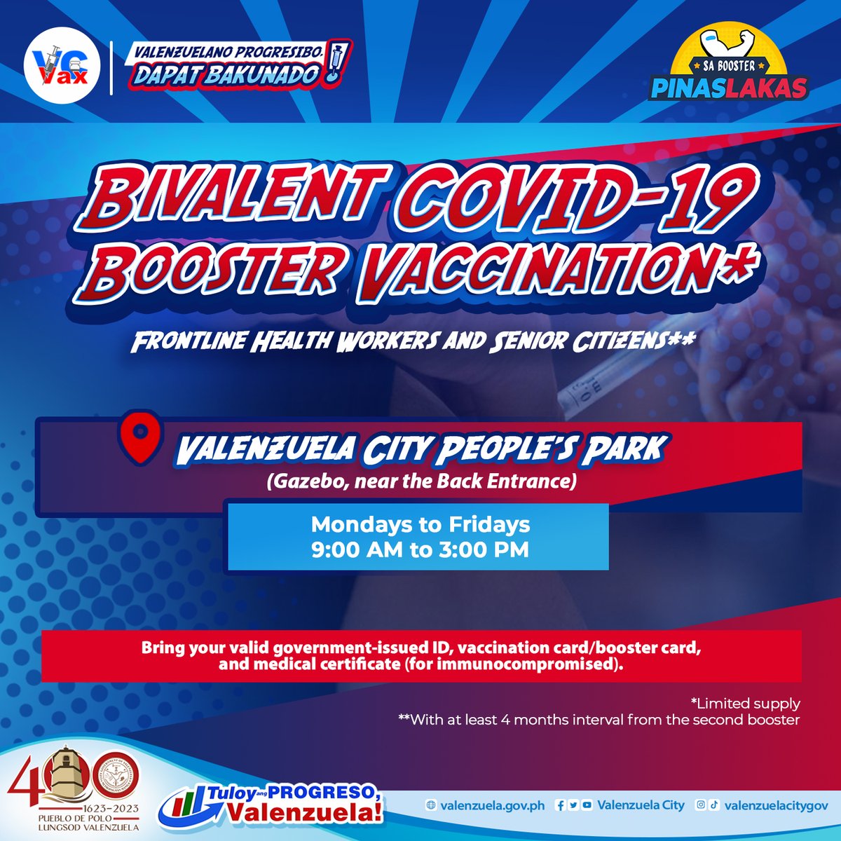 valenzuelacity's tweet photo. #VCVax #VCVaxPlus: Magsisimula na ang pagbabakuna ng Bivalent COVID-19 Vaccine sa mga Frontline Health Worker at mga Senior Citizen na nakatanggap ng second booster sa nakalipas na apat na buwan ngayong araw, Hulyo 17, 2023.
Narito ang iskedyul ng pagbabakuna: https://t.co/vePWmo1mIW