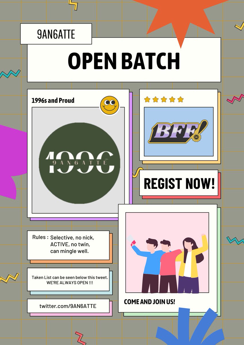 It's a call of every 1996-born to join us! 9AN6ATTE is currently open, regist now and be a part of our family. You can see our rules here and the taken list on the carrd below this tweet.

RT and reply with a brief explanation of your muse, also don't forget to attach a picture!