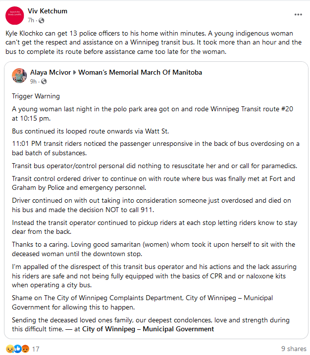 cie1947's tweet photo. Activist describes what happened with an overdose on a Winnipeg bus. She was Indigenous. The cruelty is just overpowering. 
 🤦🏾‍♀️🫠🧡🙏🏾🪶 https://t.co/4UVlKXGwZd