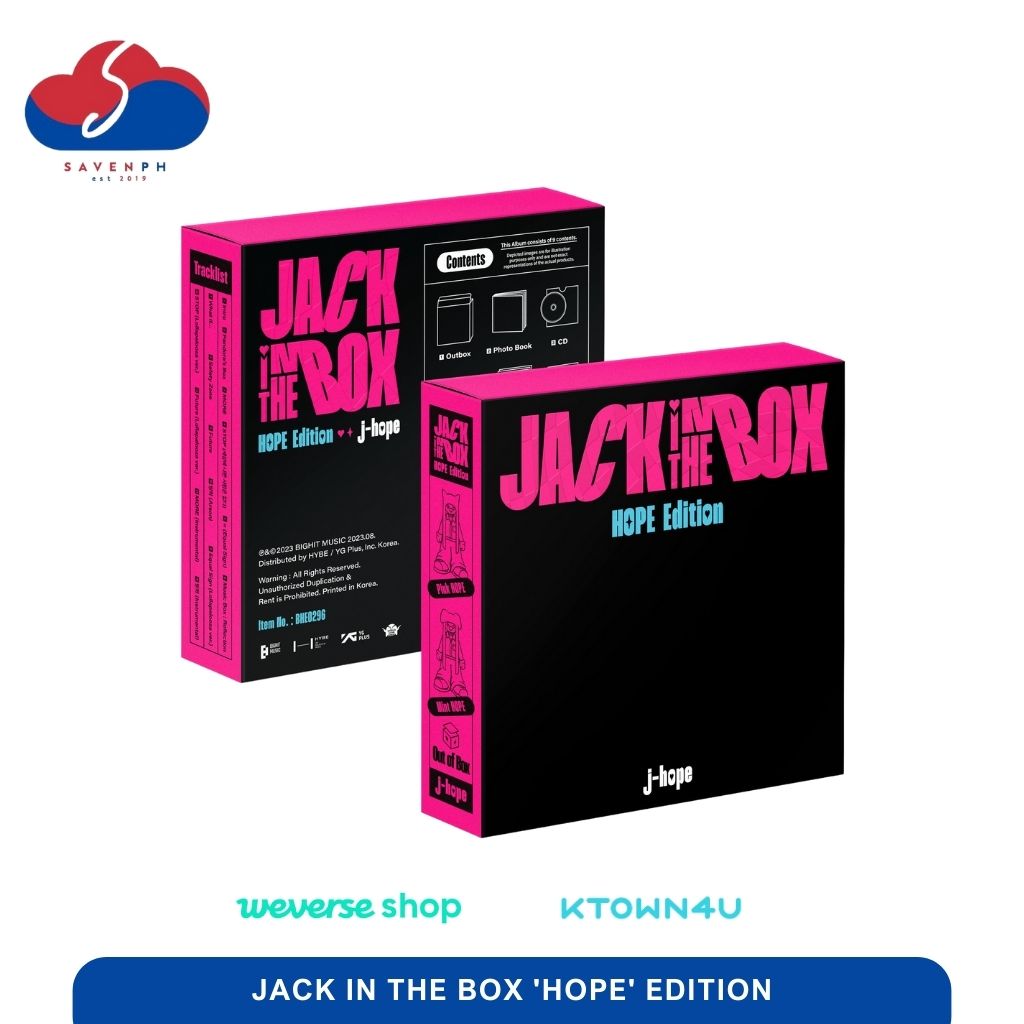 PH GO | #SavenphGO

J-HOPE JACK IN THE BOX 'HOPE' EDITION

Weverse (Early bird) - 950
Ktown4u - 785

DEADLINE OF PAYMENT
150 DP/ALBUM: August 15
REM BAL: August 30

EARLY BIRD POB
300 DP/ALBUM: July 25
REM BAL: August 30

Order here: savenph.com

SHOPEE FULL COD:
