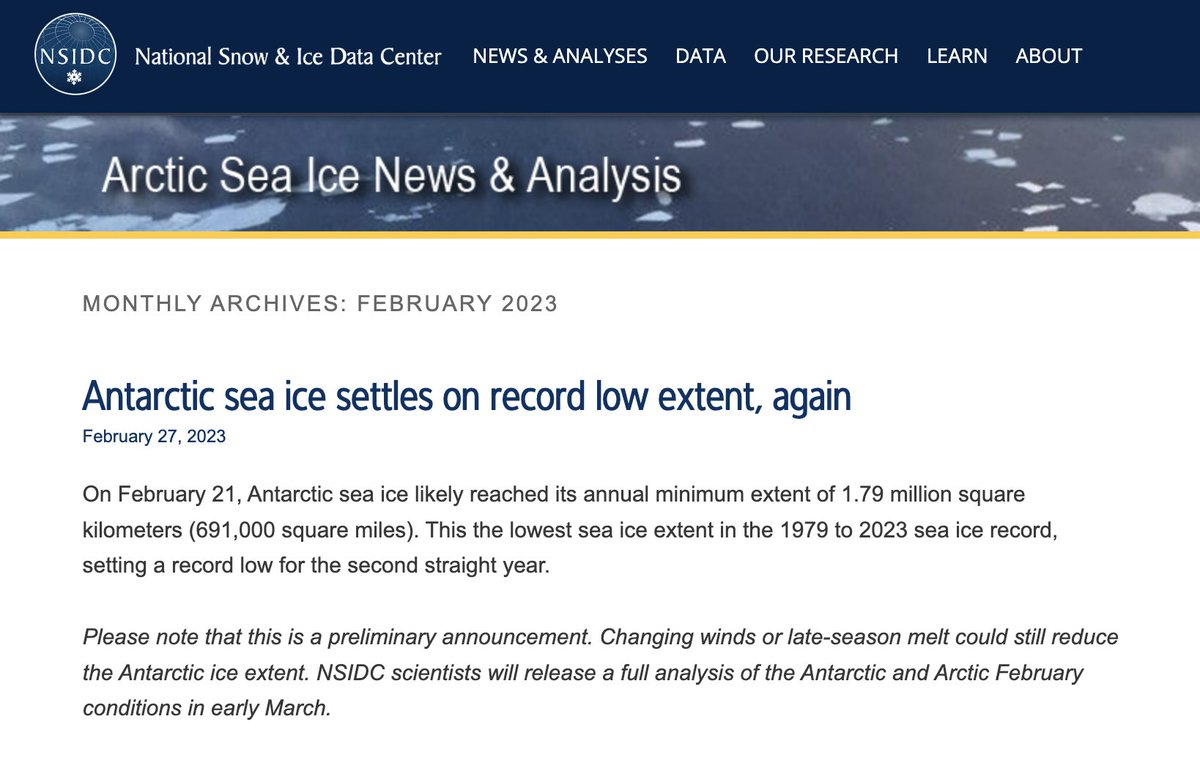 🧵 Since February 2023, Antarctic sea ice has been breaking records.

Each month, sea ice cover has dropped below previous lows.

For many, this news is both alarming and difficult to understand.

What does it mean, and why does it matter?

nsidc.org/arcticseaicene…
<a href="/NSIDC/">National Snow and Ice Data Center</a> <a href="/NASA/">NASA</a>