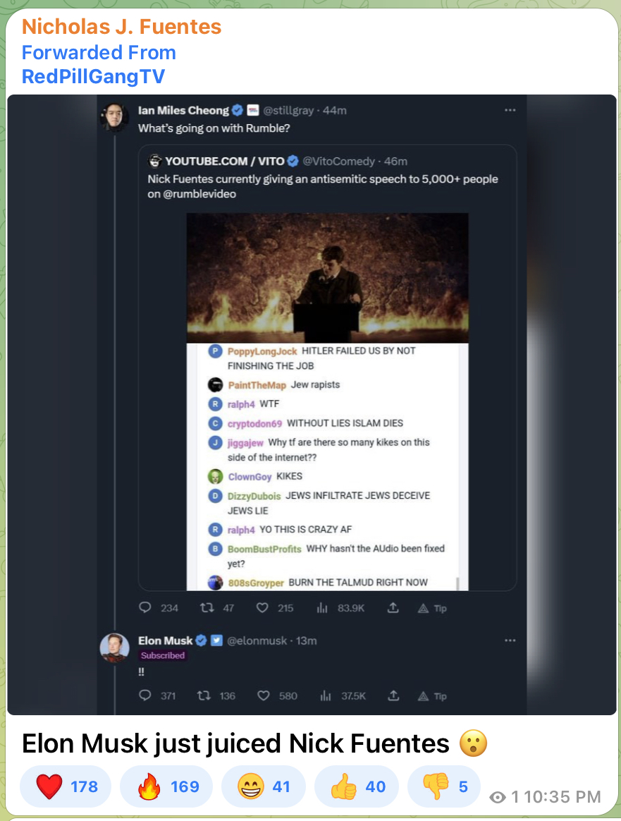 HGTomato's tweet image. Here’s Nick Fuentes cheering @elonmusk for shining a light on him.

And Elon wonders why he can’t get advertisers.